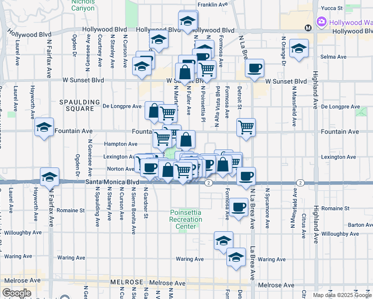 map of restaurants, bars, coffee shops, grocery stores, and more near 1236 1/2 North Fuller Avenue in West Hollywood