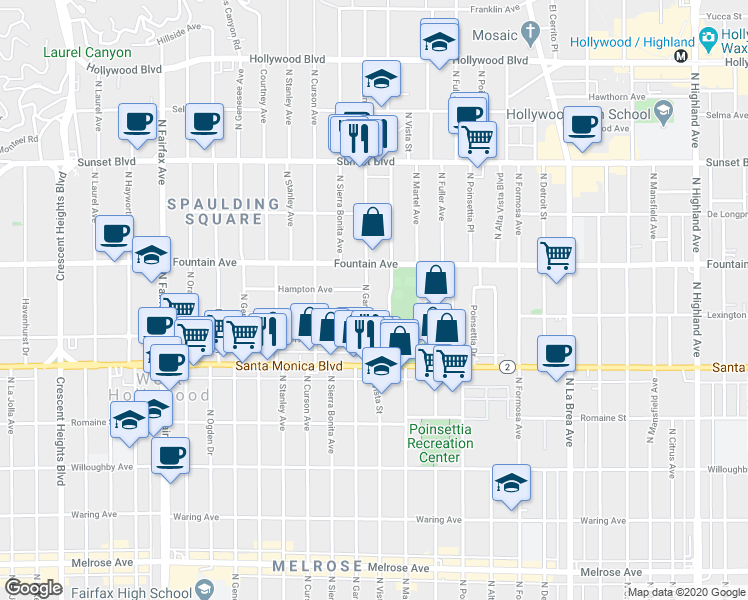 map of restaurants, bars, coffee shops, grocery stores, and more near 7508 Hampton Avenue in West Hollywood