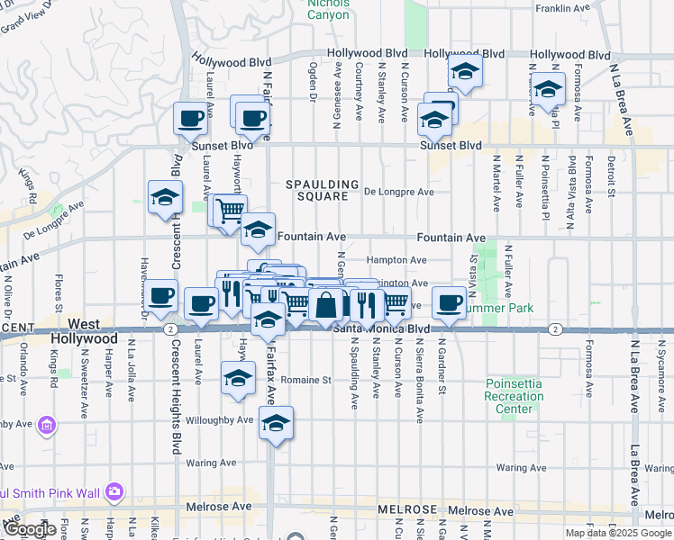 map of restaurants, bars, coffee shops, grocery stores, and more near 1232 North Ogden Drive in West Hollywood