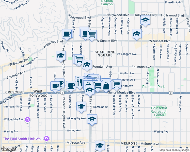 map of restaurants, bars, coffee shops, grocery stores, and more near 1221 North Orange Grove Avenue in West Hollywood