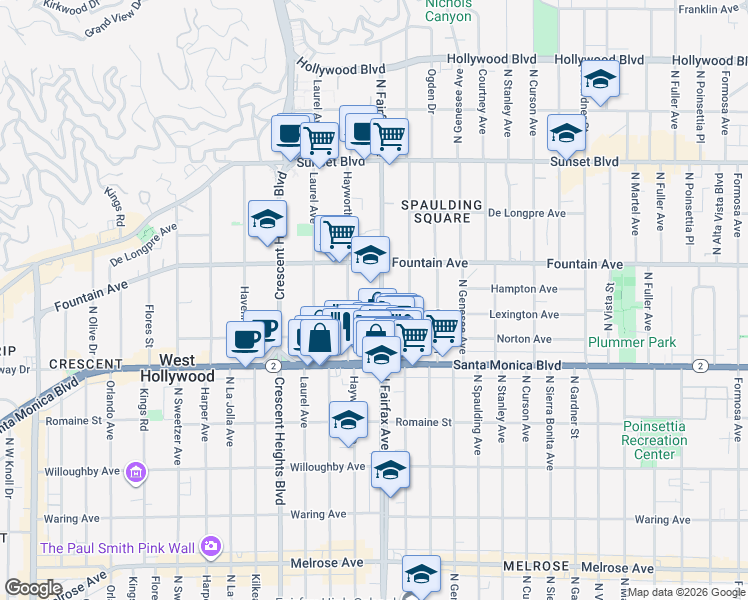 map of restaurants, bars, coffee shops, grocery stores, and more near 1265 North Fairfax Avenue in West Hollywood