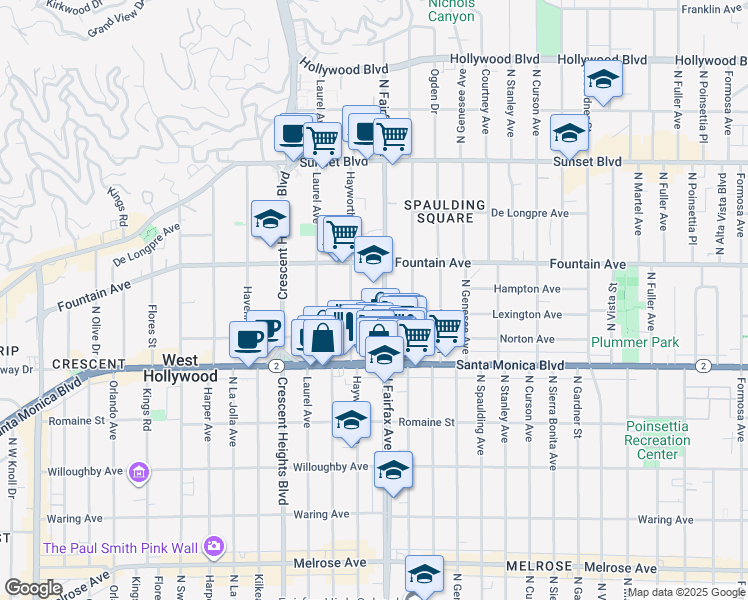 map of restaurants, bars, coffee shops, grocery stores, and more near 1265 North Fairfax Avenue in West Hollywood