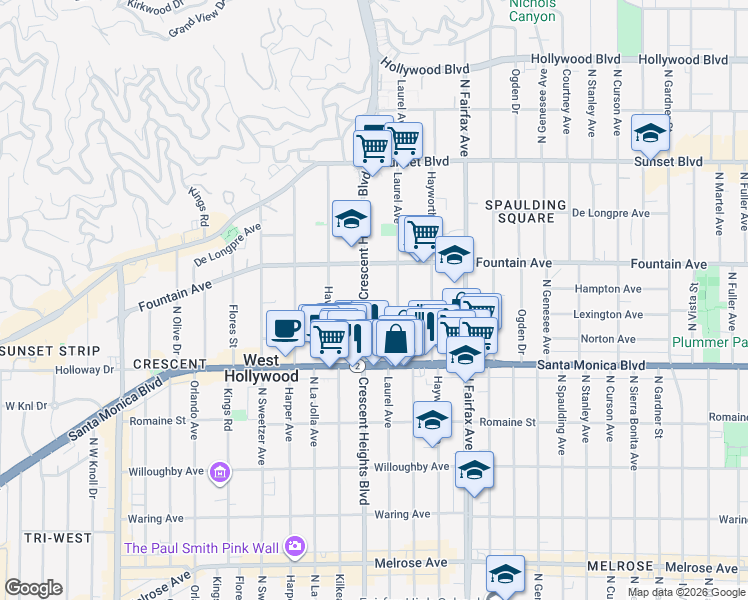 map of restaurants, bars, coffee shops, grocery stores, and more near 1261 North Laurel Avenue in West Hollywood