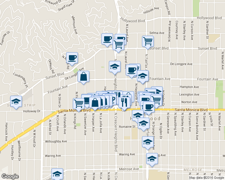 map of restaurants, bars, coffee shops, grocery stores, and more near 1257 North Crescent Heights Boulevard in West Hollywood