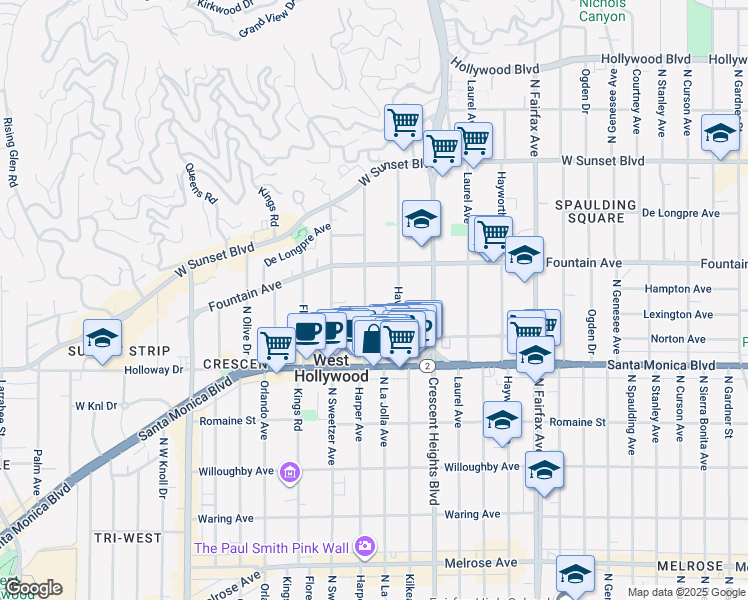 map of restaurants, bars, coffee shops, grocery stores, and more near 1253 Havenhurst Drive in West Hollywood