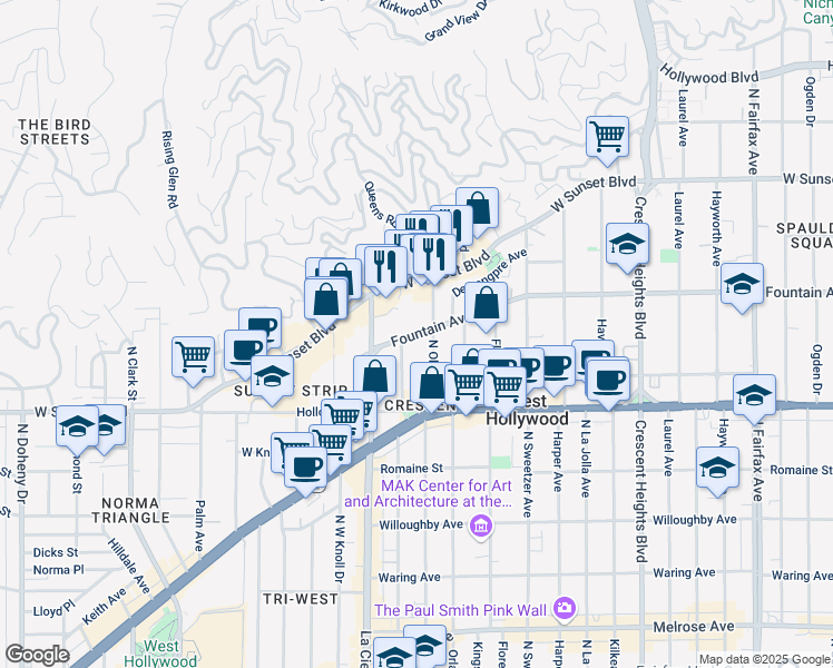 map of restaurants, bars, coffee shops, grocery stores, and more near 1307 North Olive Drive in West Hollywood