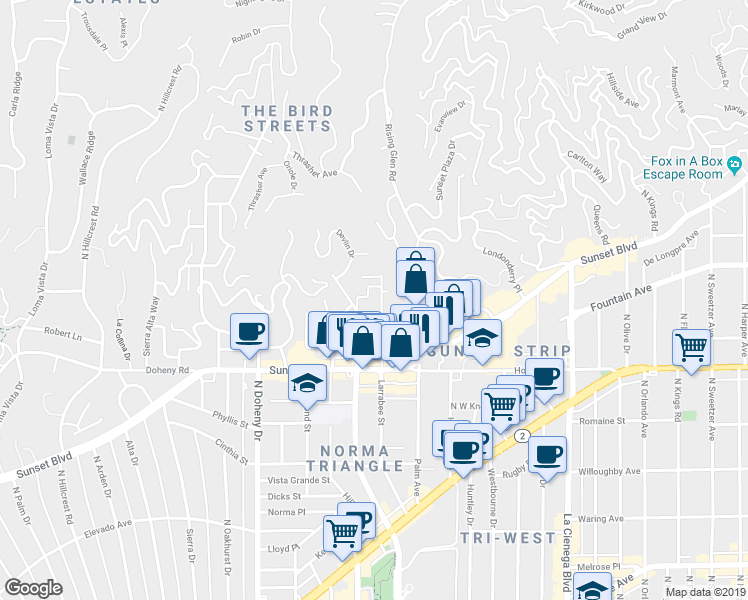 map of restaurants, bars, coffee shops, grocery stores, and more near 1314 Ozeta Terrace in Los Angeles
