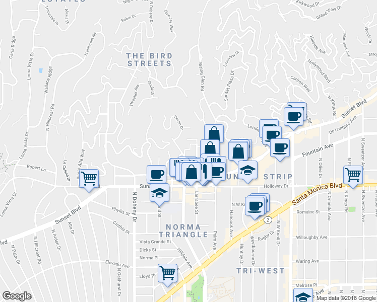map of restaurants, bars, coffee shops, grocery stores, and more near 1314 Ozeta Terrace in Los Angeles