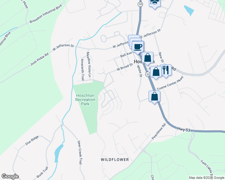 map of restaurants, bars, coffee shops, grocery stores, and more near 69 Hickory Walk in Hoschton