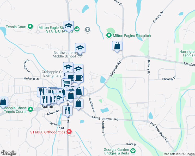 map of restaurants, bars, coffee shops, grocery stores, and more near 1004 Baldwin Drive in Alpharetta