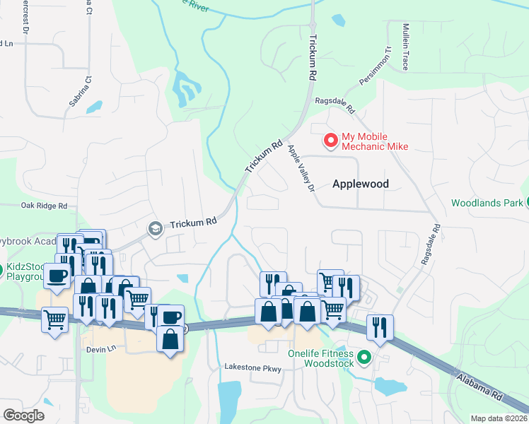 map of restaurants, bars, coffee shops, grocery stores, and more near 119 Regent Place in Woodstock