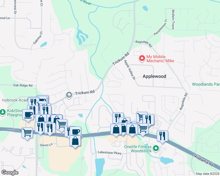 map of restaurants, bars, coffee shops, grocery stores, and more near 136 Regent Place in Woodstock