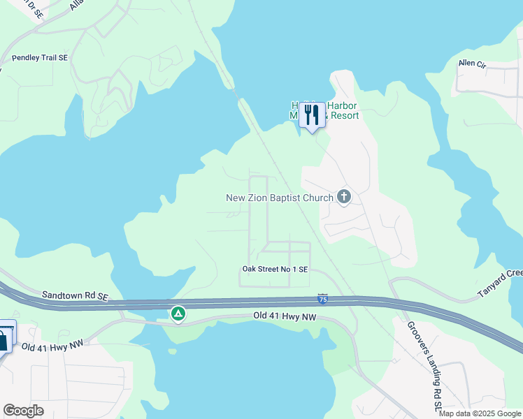 map of restaurants, bars, coffee shops, grocery stores, and more near 151 Mountain View Road Southeast in Acworth