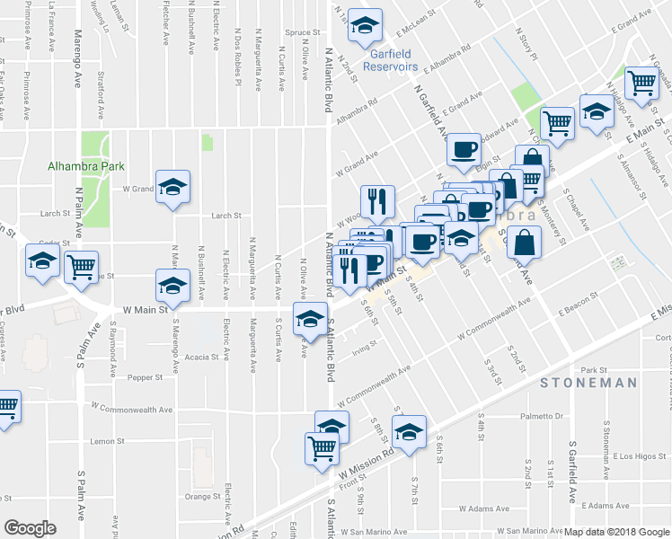 map of restaurants, bars, coffee shops, grocery stores, and more near 104 North Atlantic Boulevard in Alhambra
