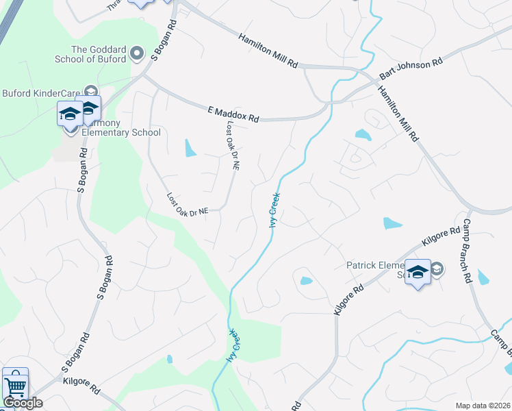 map of restaurants, bars, coffee shops, grocery stores, and more near 3655 Rolling Creek Drive Northeast in Buford