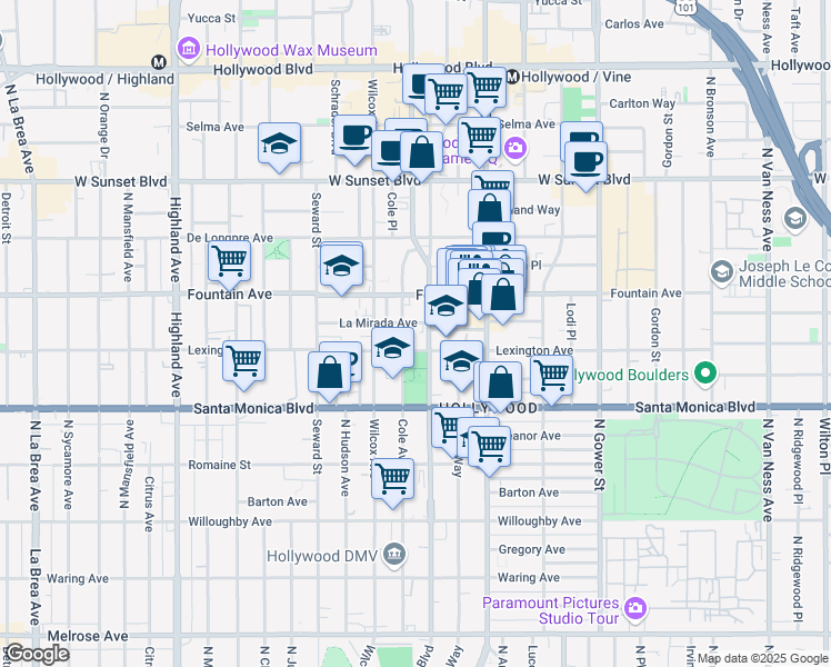 map of restaurants, bars, coffee shops, grocery stores, and more near 6410 1/2 La Mirada Avenue in Los Angeles