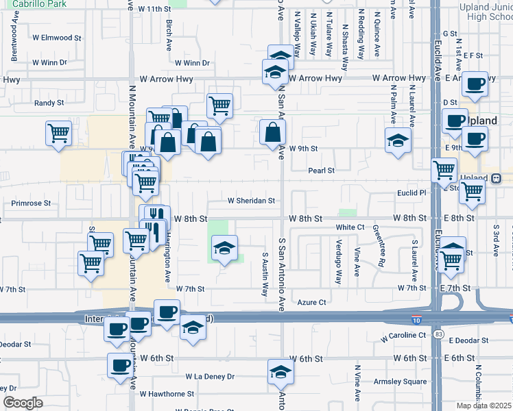 map of restaurants, bars, coffee shops, grocery stores, and more near 862 West Sheridan Street in Upland