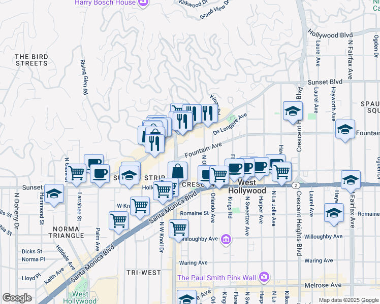 map of restaurants, bars, coffee shops, grocery stores, and more near 8455 Fountain Avenue in West Hollywood