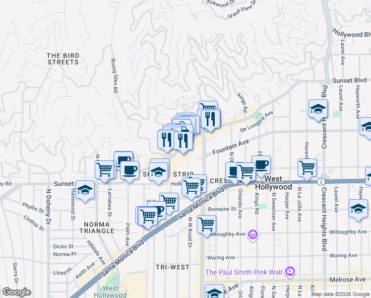 map of restaurants, bars, coffee shops, grocery stores, and more near 8560 Sunset Boulevard in West Hollywood