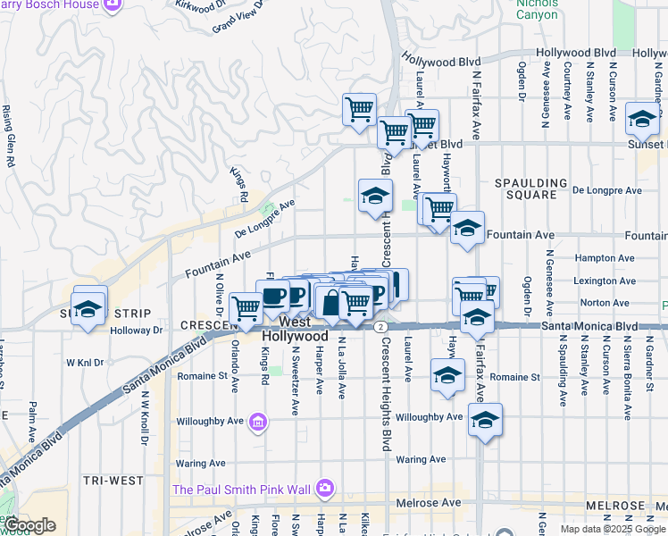 map of restaurants, bars, coffee shops, grocery stores, and more near 1250 North Harper Avenue in West Hollywood