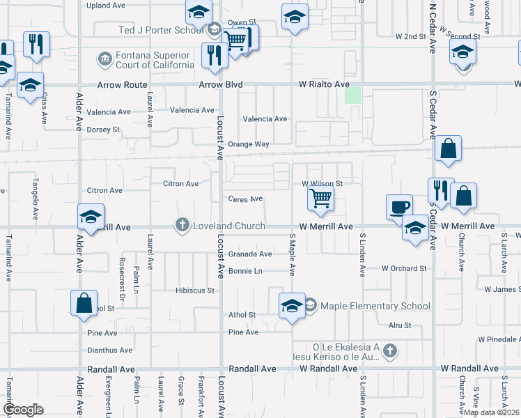 map of restaurants, bars, coffee shops, grocery stores, and more near 8827 Williams Road in Fontana
