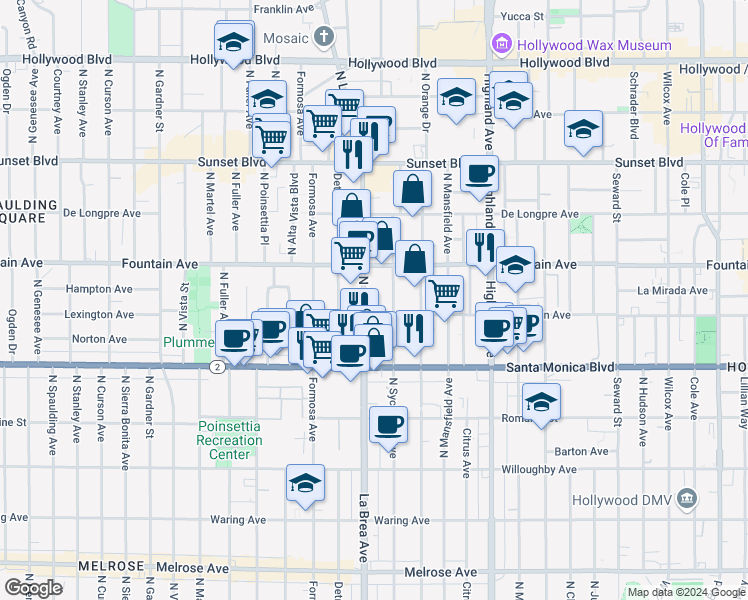 map of restaurants, bars, coffee shops, grocery stores, and more near 1216 North La Brea Avenue in West Hollywood