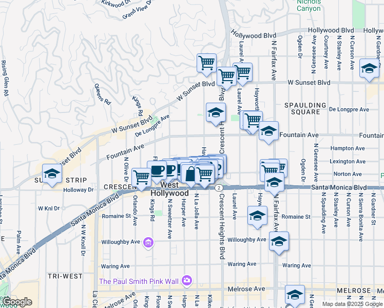 map of restaurants, bars, coffee shops, grocery stores, and more near 1250 North Harper Avenue in West Hollywood