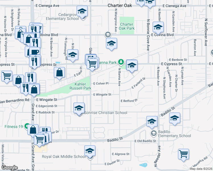 map of restaurants, bars, coffee shops, grocery stores, and more near 1406 East Colver Place in Covina