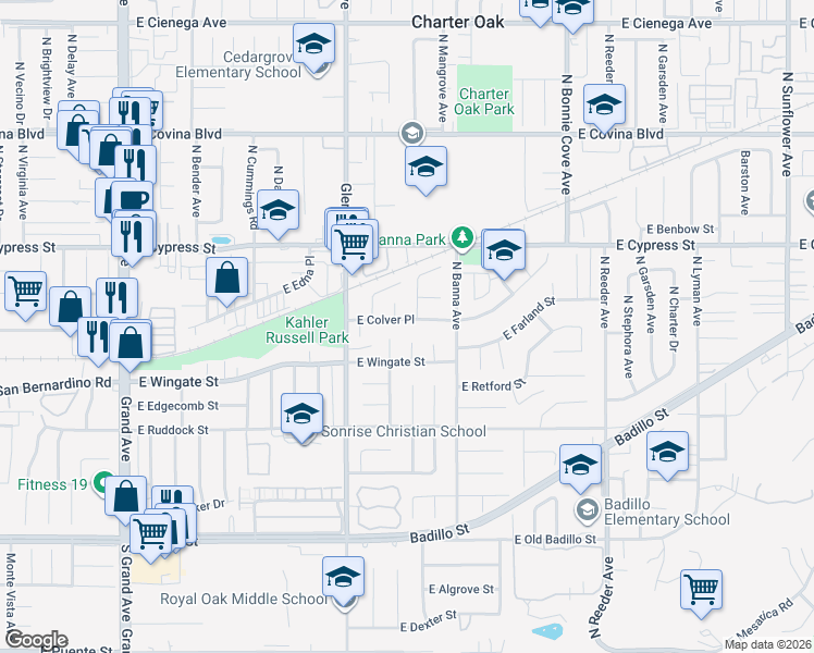 map of restaurants, bars, coffee shops, grocery stores, and more near 1406 East Colver Place in Covina