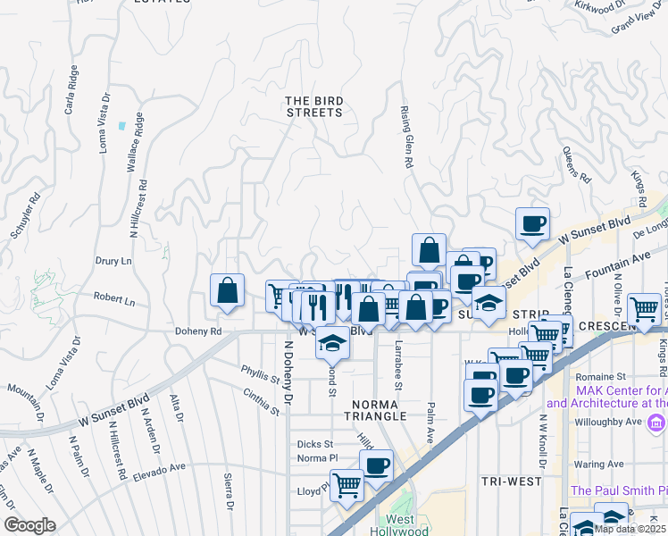 map of restaurants, bars, coffee shops, grocery stores, and more near 8954 Saint Ives Drive in Los Angeles