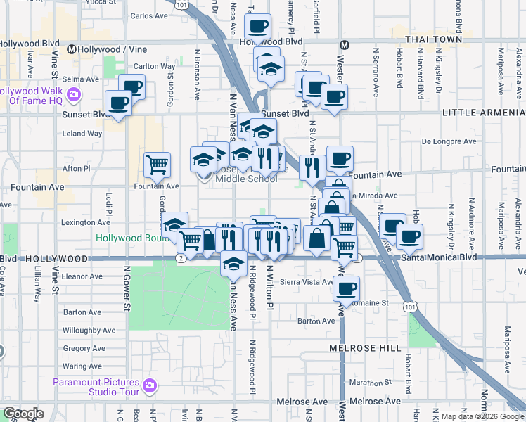map of restaurants, bars, coffee shops, grocery stores, and more near 5707 Lexington Avenue in Los Angeles