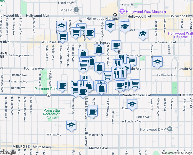 map of restaurants, bars, coffee shops, grocery stores, and more near 1220 North Sycamore Avenue in Los Angeles