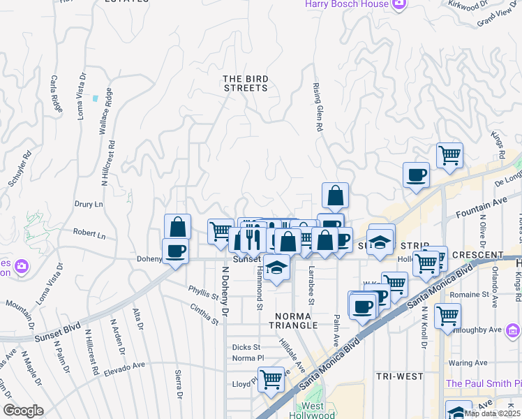 map of restaurants, bars, coffee shops, grocery stores, and more near 8929 Saint Ives Drive in Los Angeles
