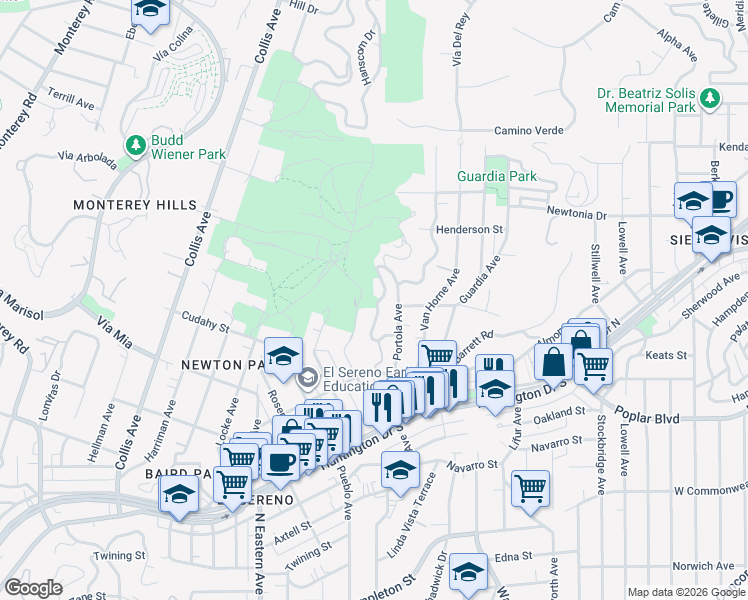 map of restaurants, bars, coffee shops, grocery stores, and more near 4115 Jennings Drive in Los Angeles