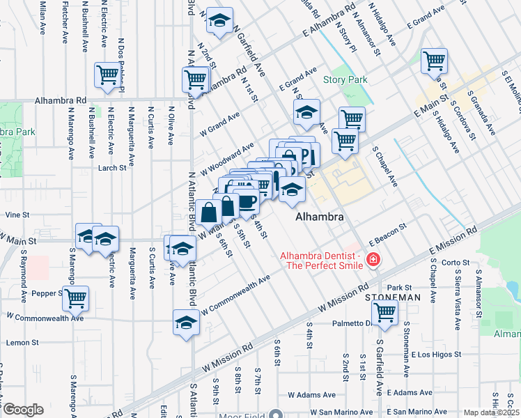map of restaurants, bars, coffee shops, grocery stores, and more near 11 South 3rd Street in Alhambra