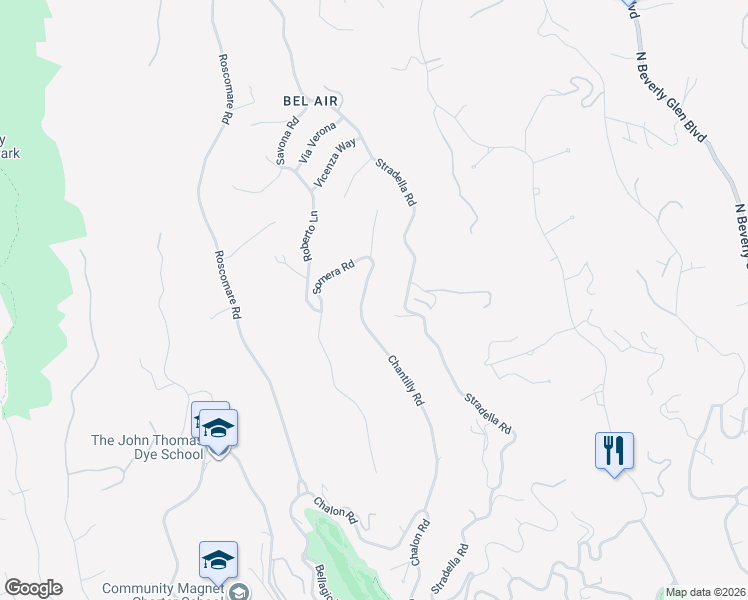 map of restaurants, bars, coffee shops, grocery stores, and more near 1140 Chantilly Road in Los Angeles