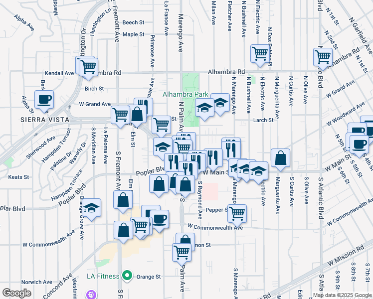 map of restaurants, bars, coffee shops, grocery stores, and more near 2115 Vine Street in Alhambra