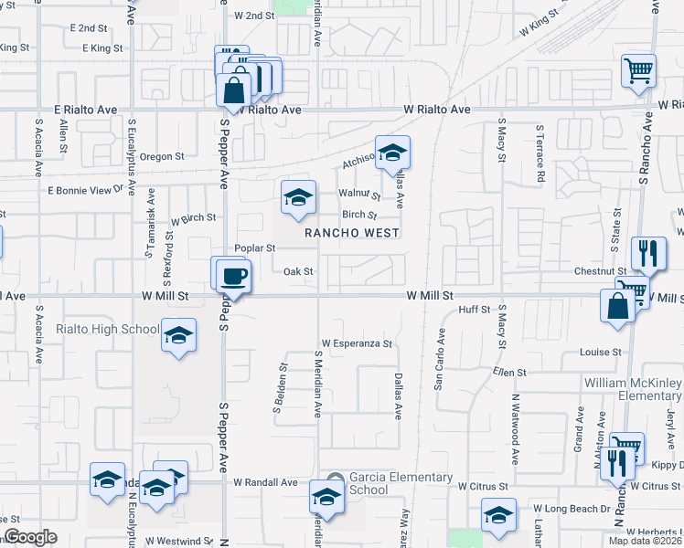 map of restaurants, bars, coffee shops, grocery stores, and more near 2686 West Mill Street in San Bernardino
