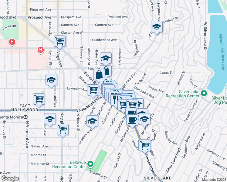 map of restaurants, bars, coffee shops, grocery stores, and more near 1130 Sanborn Avenue in Los Angeles