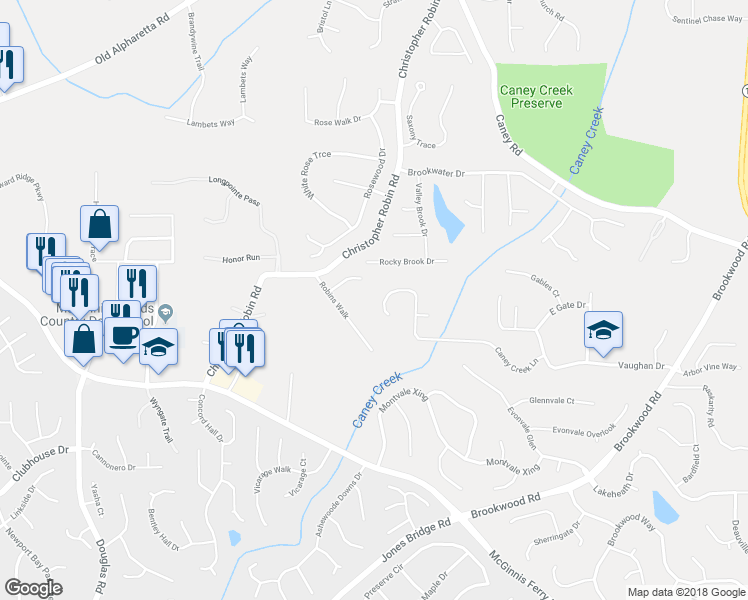 map of restaurants, bars, coffee shops, grocery stores, and more near 3490 Caney Creek Lane in Cumming