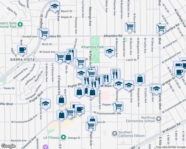 map of restaurants, bars, coffee shops, grocery stores, and more near 2115 Vine Street in Alhambra