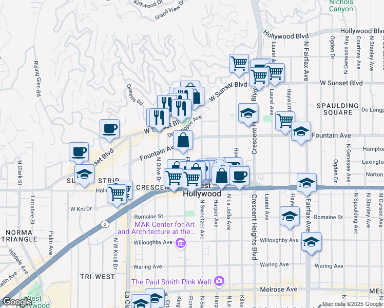 map of restaurants, bars, coffee shops, grocery stores, and more near 1248 North Flores Street in West Hollywood
