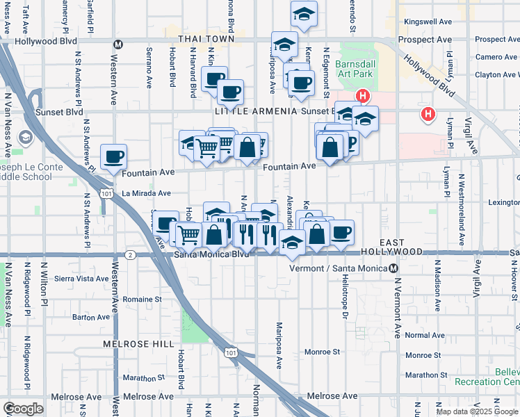 map of restaurants, bars, coffee shops, grocery stores, and more near 1204 North Normandie Avenue in Los Angeles