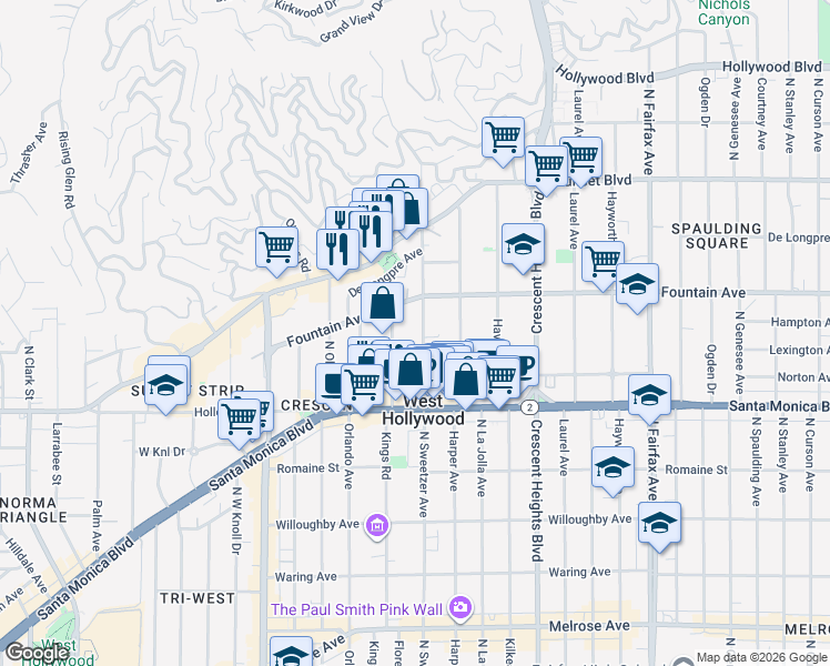 map of restaurants, bars, coffee shops, grocery stores, and more near 1260 Flores Street in West Hollywood