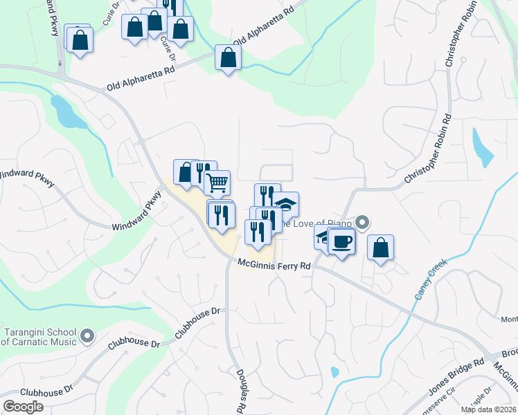 map of restaurants, bars, coffee shops, grocery stores, and more near 5335 Donehoo Court in Alpharetta