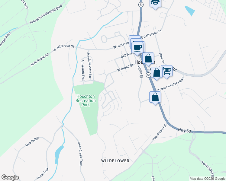 map of restaurants, bars, coffee shops, grocery stores, and more near 69 Hickory Walk in Hoschton