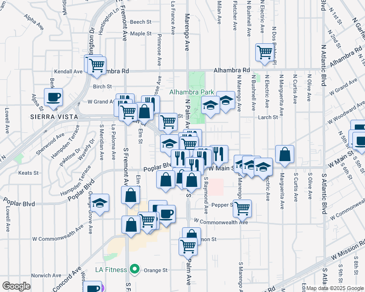 map of restaurants, bars, coffee shops, grocery stores, and more near 2239 West Main Street in Alhambra