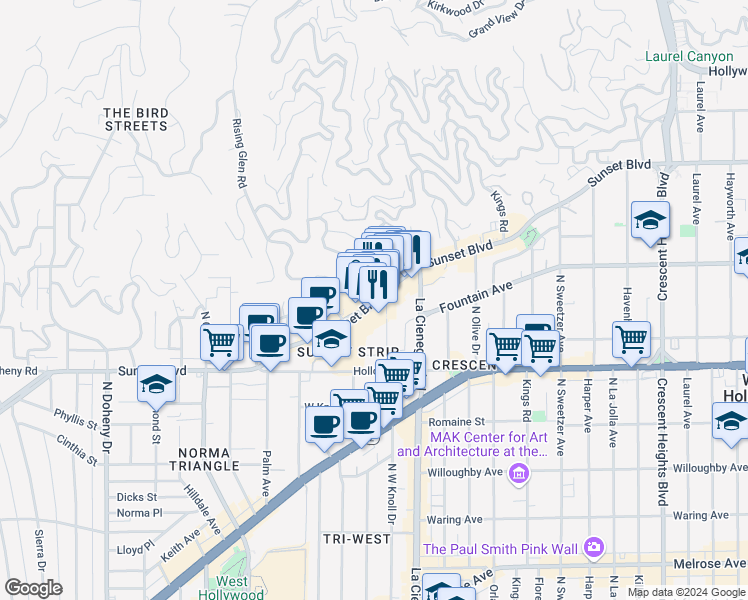 map of restaurants, bars, coffee shops, grocery stores, and more near in West Hollywood
