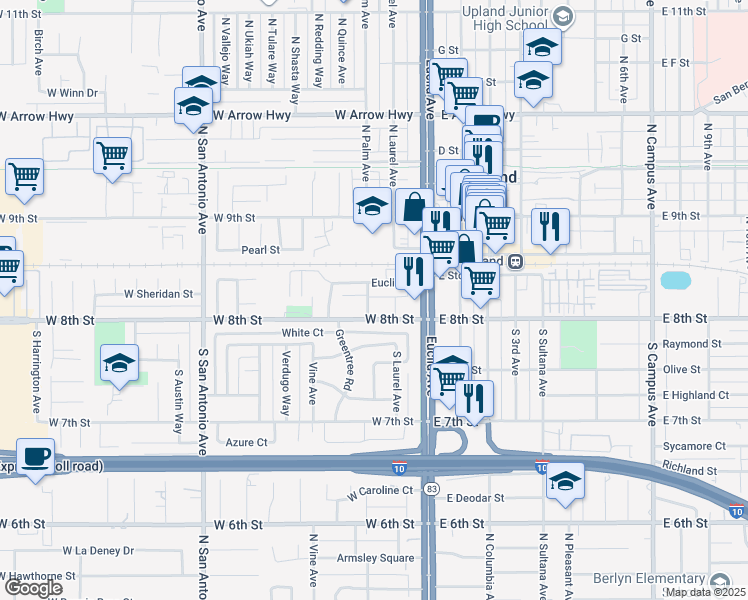 map of restaurants, bars, coffee shops, grocery stores, and more near 170 South Palm Avenue in Upland