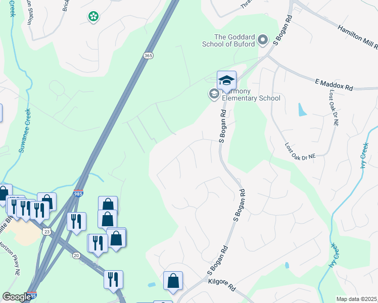map of restaurants, bars, coffee shops, grocery stores, and more near 3905 Moon Shadow Way in Buford